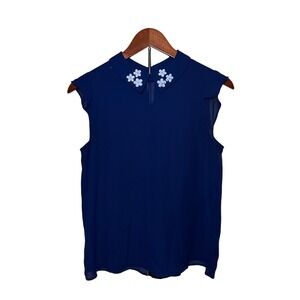 ELLE Peter Pan Collar Blouse Women's XS Navy Blue Floral Pearl Flowers Chiffon